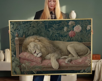 Sleeping Lion Art | Dreamlike Animal Canvas Print | Whimsical Living Room Decor