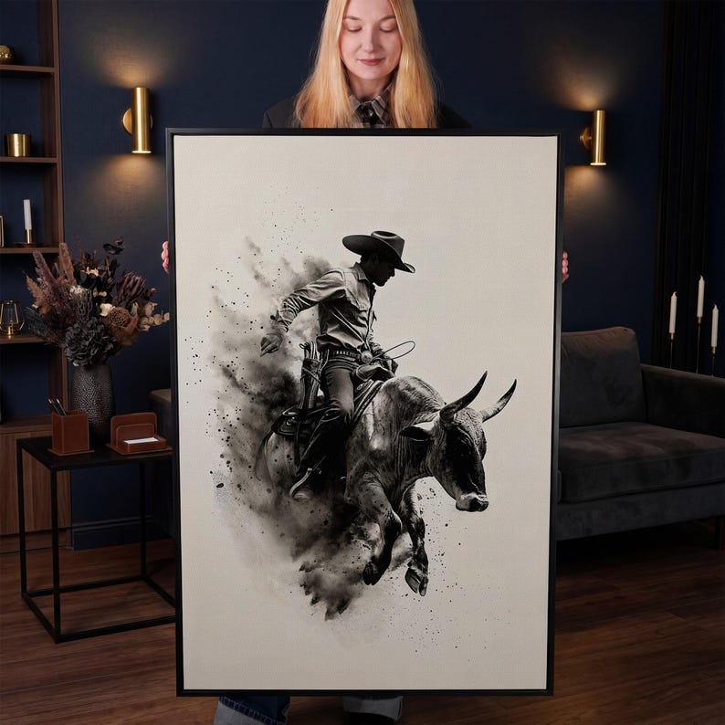 Dynamic Rodeo Cowboy Bull Riding Canvas Art Print – Western Farmhouse Wall Decor image 1