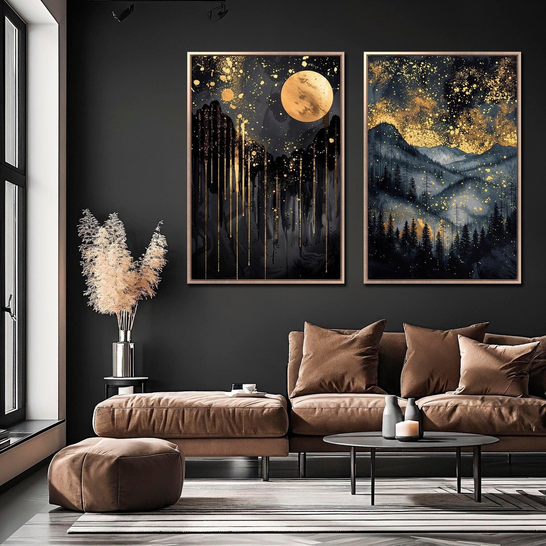 Abstract Night Sky Set of 2 Framed Canvas Wall Art Mountain Landscape ...