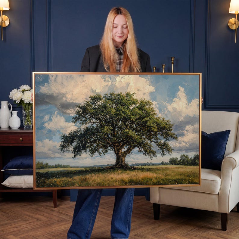 Majestic Oak Landscape Art - Large Framed Canvas Print, Tree Painting ...