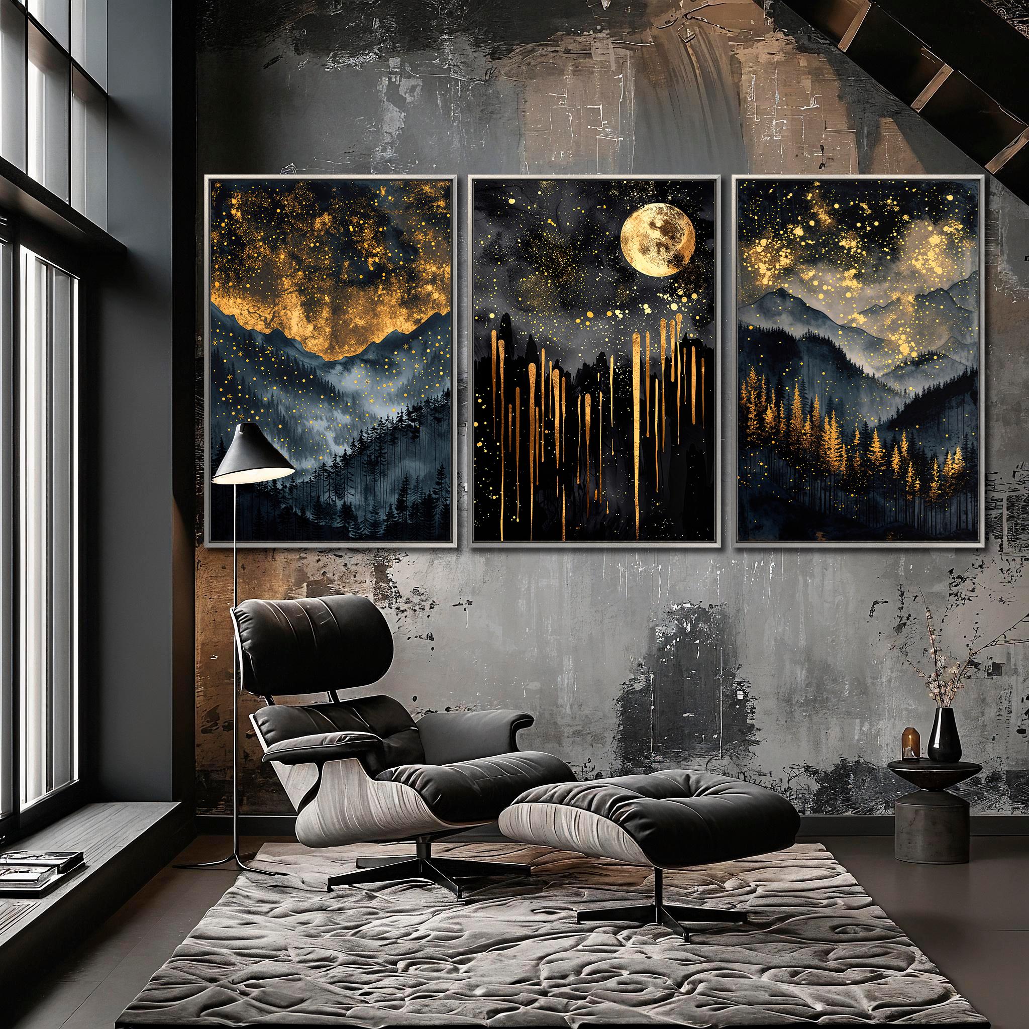Abstract Starry Celestial Framed Canvas Wall Art Set of 3 Black and ...