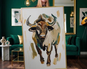 Abstract Bull Portrait Art | Expressive Canvas Print | Modern Farmhouse Decor | Animal Wall Art