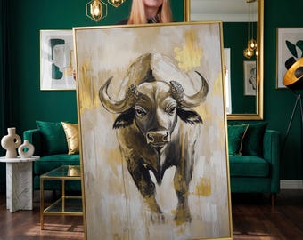 Wildlife Gold Buffalo | Serene Canvas Wall Art | Bedroom Wall Decor | Unique Animal Print