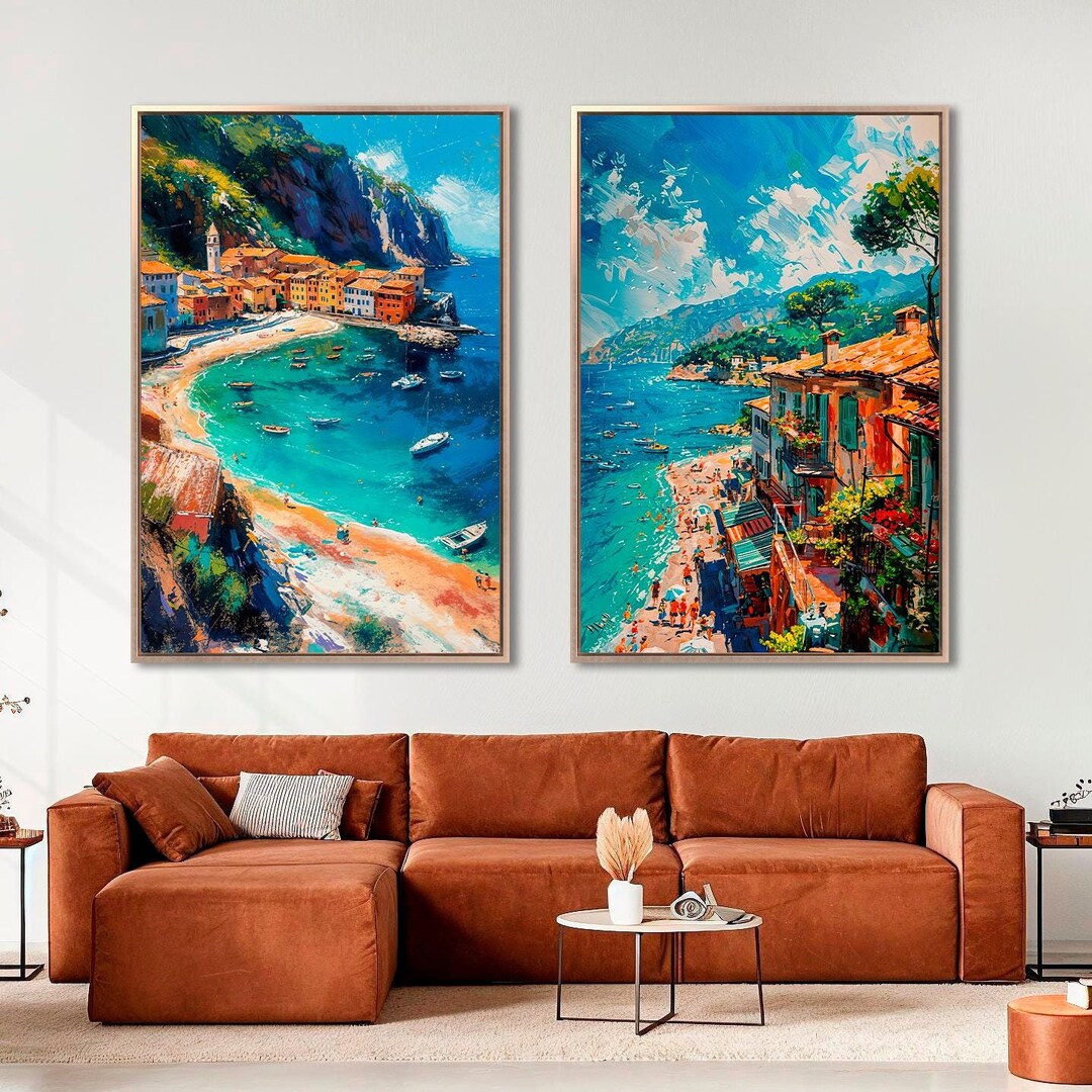 Coastal Village Landscape Set of 3 Framed Canvas Wall Art Beach Scene ...