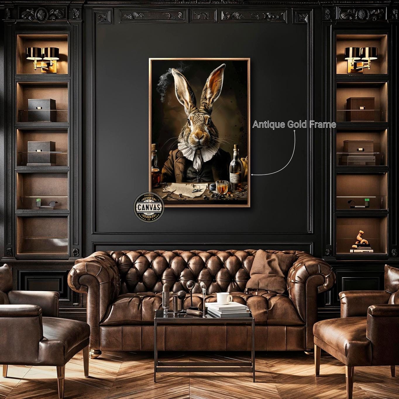Victorian Bunny Framed Canvas Wall Art Funny Vintage Rabbit Painting Print Whimsical Animal Wall Decor Whiskey themed Poster Ready to Hang