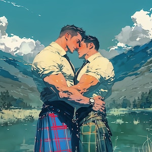 Fichier numérique instantané à télécharger représentant deux hommes en kilt écossais romantiques avec un paysage naturel derrière eux