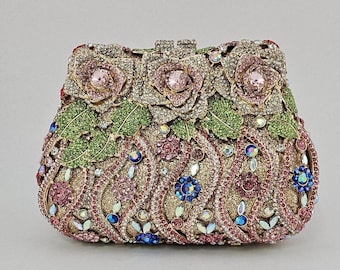 Rose Gold Wedding Clutch Bag With Colorful Rhinestone Crystals, Wedding Purse For Bride, Floral Garden Statement Bag, Evening Wedding Clutch