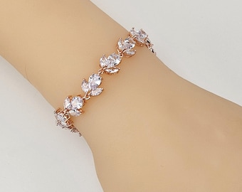 Rose Gold Bridal Bracelet: Crystal Flower Wedding Bracelet Jewelry