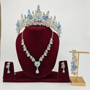 Light Blue Baroque Crystal Bridal Tiara, Quinceanera Crown, Custom Blue Gold Tiara, Necklace, Earring Wedding Headpiece Crown, Prom Jewelry