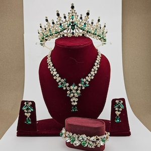 Elegant Green Quinceanera Crown Set: Custom Tiara, Necklace, Earrings, Bracelet