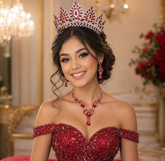 Red Crystal Quinceanera Crown Jewelry Set, Gold Tiara