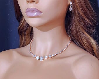 Rose Gold Crystal Bridal Jewelry Set, Necklace and Earrings