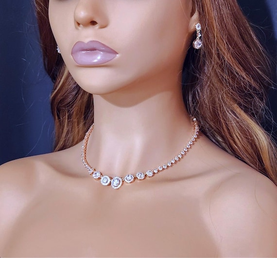 Rose Gold Crystal Bridal Jewelry Set, Necklace and Earrings