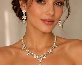 Gold Swarovski Crystal Luxury Wedding Necklace Set, Bridal Jewelry, Mother of the Bride
