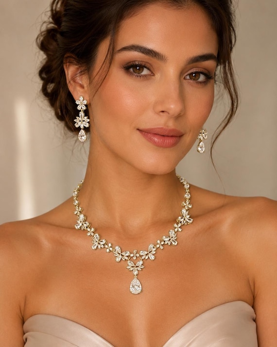 Gold Swarovski Crystal Luxury Wedding Necklace Set, Bridal Jewelry, Mother of the Bride