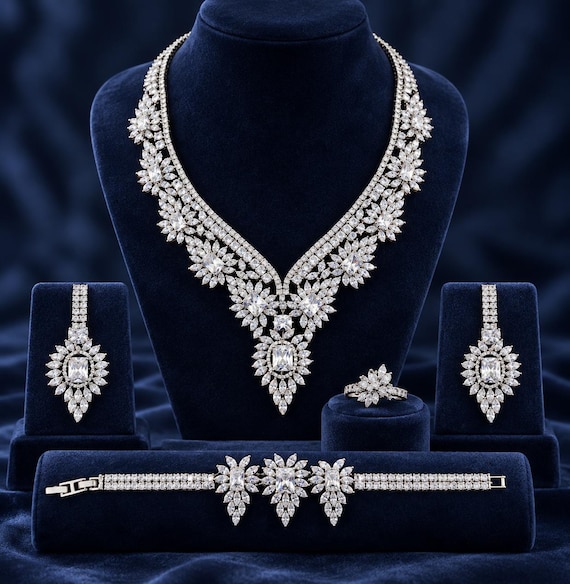 Silver Crystal Teardrop Bridal Jewelry Set - Wedding Necklace, Earrings, Bracelet, Ring
