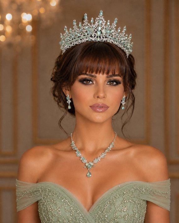 Green Opal Crystal Bridal Tiara: Silver Wedding Headpiece with Necklace & Earrings