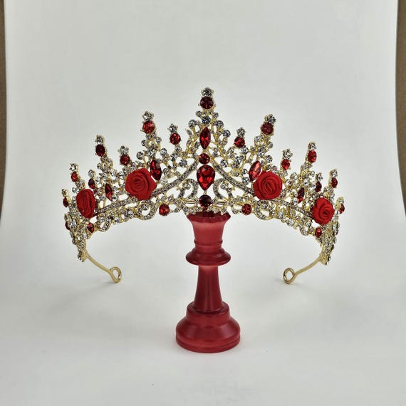 Red Crystal Crown, Red & Gold Quinceañera Tiara: Floral Rose Crown