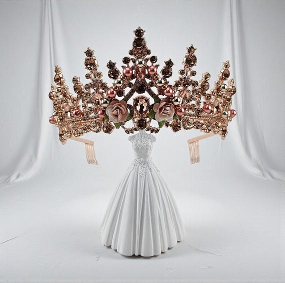 Rose Gold Wedding Tiara, Quincenaera Blush Crystal Bridal Crown