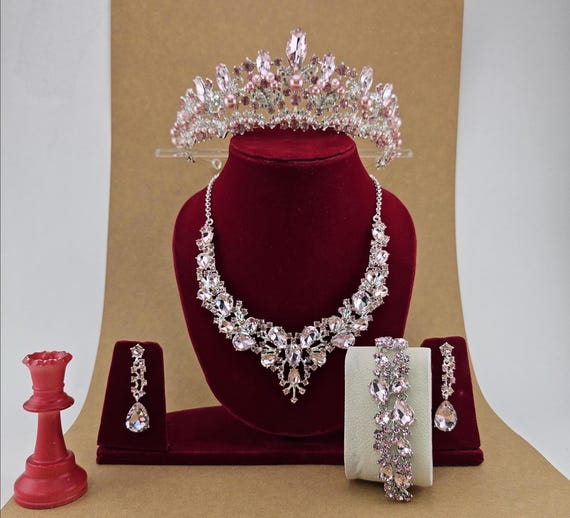 Pink Bridal Tiara, Pink Quinceanera Crown Necklace Earrings, Custom Pink Silver Quince Tiara, Pink Corona de 15, Pink Quinceanera Crown Set