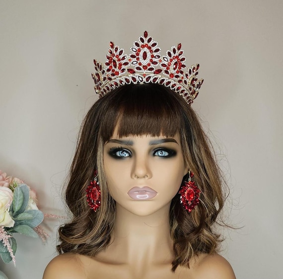 Red Crystal Quinceanera Tiara, Custom Gold Crown