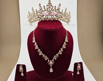 Pink Opal Bridal Tiara Gold Crystal Quinceanera Tiara, Custom Pink Opal Quince Crown, Gold Corona de 15 Ano,  Pink Opal Quinceanera Crown
