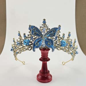 Blue Crystal Bridal Crown: Gold Butterfly Quinceanera Tiara