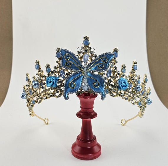 Blue Butterfly Quinceanera Crown: Gold Crystal Wedding Tiara