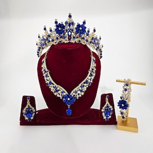 Blue Baroque Crystal Bridal Tiara, Quinceanera Crown, Custom Navy Blue Gold Quince Tiara, Necklace Earring, Bracelet Wedding Headpiece Crown