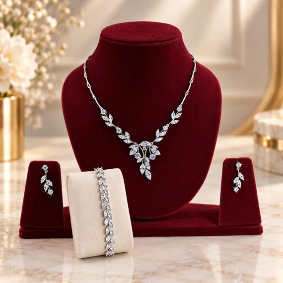 Swarovski Crystal Bridal Jewelry Set: Vine Leaves Necklace, Earrings, Bracelet