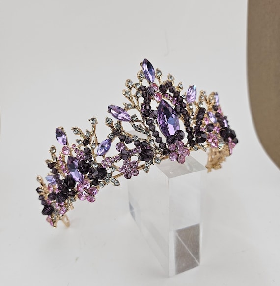 Custom Purple Quinceanera Tiara | Crystal Gold Crown for Wedding, Prom, Bridal, Birthday | Purple Beaded Crown