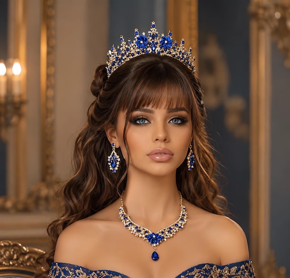 Blue Baroque Crystal Bridal Tiara, Necklace, Earring and Bracelet Set
