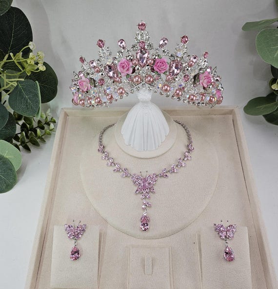 Pink Crystal Bridal Tiara, Pink Quinceanera Crown, Wedding Jewelry Set
