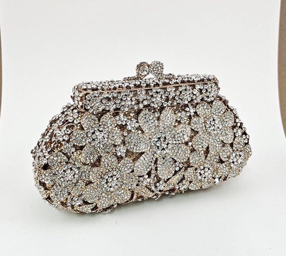Gold Wedding Clutch Bag With Clear Rhinestone Crystals, Wedding Purse For Bride, Floral Garden Statement Bag, Evening Wedding Clutch