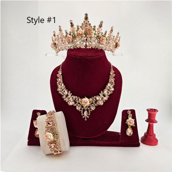 Rose Gold Tiara Jewelry Set: Quinceanera Crown Jewelry