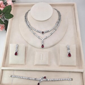 Bridal Necklace Ruby Red Necklace Set Silver Wedding Necklace Red Crystal Earrings Bridal Jewelry MOB Necklace Earrings Bracelet