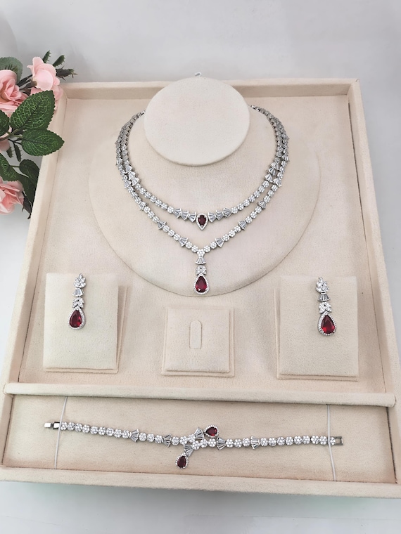 Bridal Necklace Ruby Red Necklace Set Silver Wedding Necklace Red Crystal Earrings Bridal Jewelry MOB Necklace Earrings Bracelet