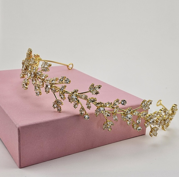 Gold Swarovski Crystal Bridal Headband, Vine Leaf Wedding Headpiece