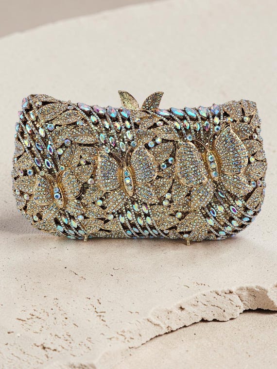Gold Wedding Clutch Bag With AB Rhinestone Crystals, Wedding Purse For Bride, Floral Butterfly Garden Statement Bag, Evening Wedding Clutch