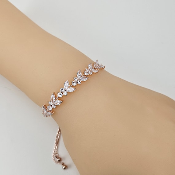 Rose Gold Bracelet with Crystal Leaf Design, Dainty Adjustable Wedding Jewelry