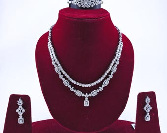 Swarovski Crystal Bridal Jewelry Set: Platinum Plated Necklace, Earrings, Bracelet