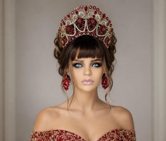 Large Red Crystal Crown: Custom Quinceanera Gold Fleur de Lis Tiara