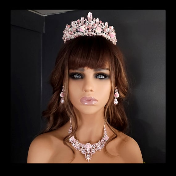 Pink Bridal Tiara, Pink Quinceanera Crown Necklace Earrings, Custom Pink Silver Quince Tiara, Pink Corona de 15, Pink Quinceanera Crown