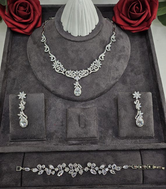 Swarovski Crystal Teardrop Bridal Jewelry Set: Platinum Wedding Necklace & Earrings