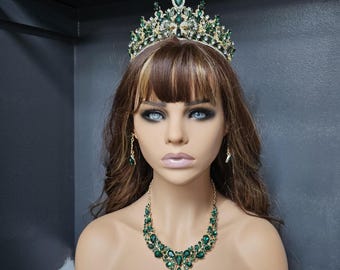 Emerald Green Crystal Crown Set: Quinceanera Tiara, Necklace, Earrings & Bracelet