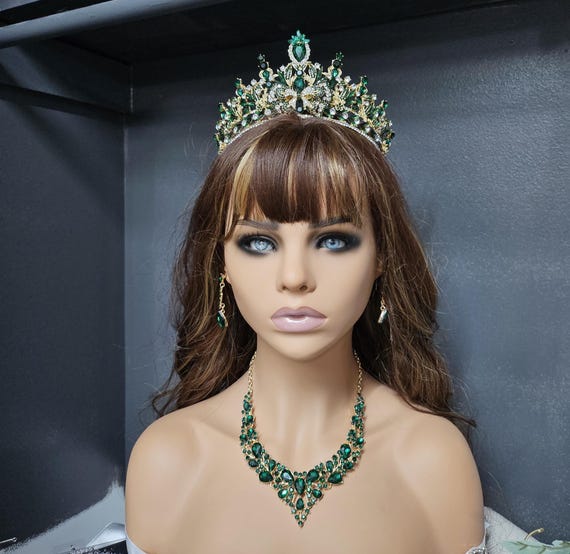 Emerald Green Crystal Tiara Set, Baroque Gold Leaf Necklace Earrings Set, Wedding Headpiece Crown, Prom Jewelry Set, Green Quinceanera Crown