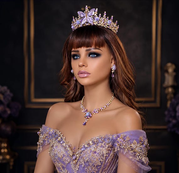 Purple Baroque Crystal Bridal Tiara, Quinceanera Crown, Custom Purple Gold Quince Tiara, Necklace Earring, Bracelet Wedding Headpiece Crown