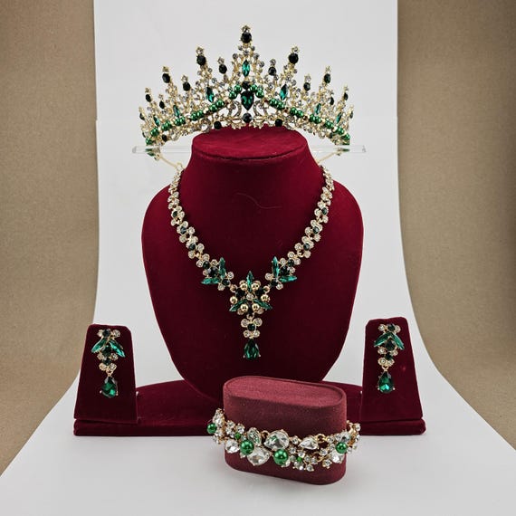 Emerald Green Crystal Bridal Tiara: Gold Quinceanera Crown Set