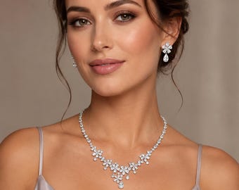 Swarovski Crystal Luxury Flower Teardrop Diamond/Crystal Necklace, Bridal Necklace Set, Bridal Jewelry, Statement Necklace Set