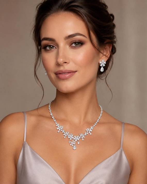 Swarovski Crystal Luxury Flower Teardrop Diamond/Crystal Necklace, Bridal Necklace Set, Bridal Jewelry, Statement Necklace Set